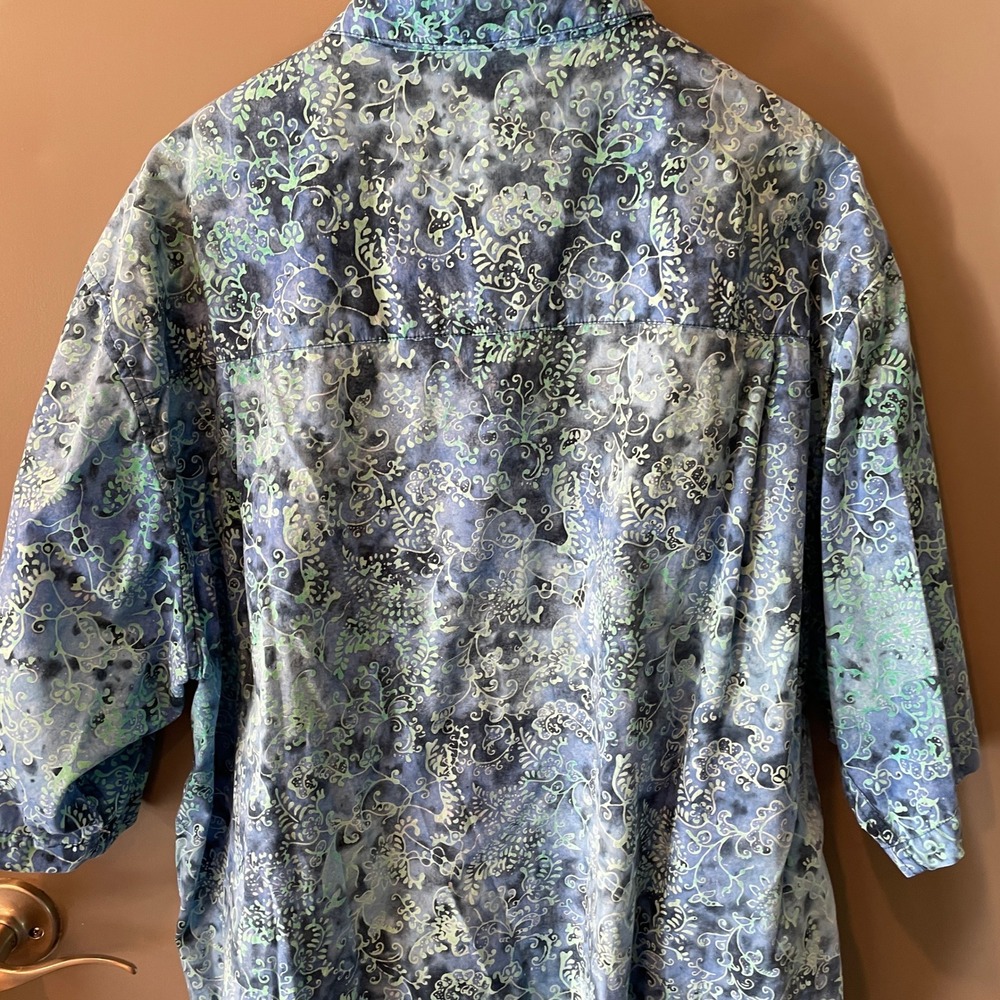 Johari West Mens XLT Batik Shirt Blue Green Tropical Floral Cotton Short Sleeve - Picture 7 of 10